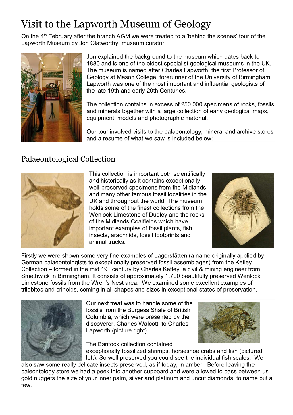 Visit to the Lapworth Museum of Geology