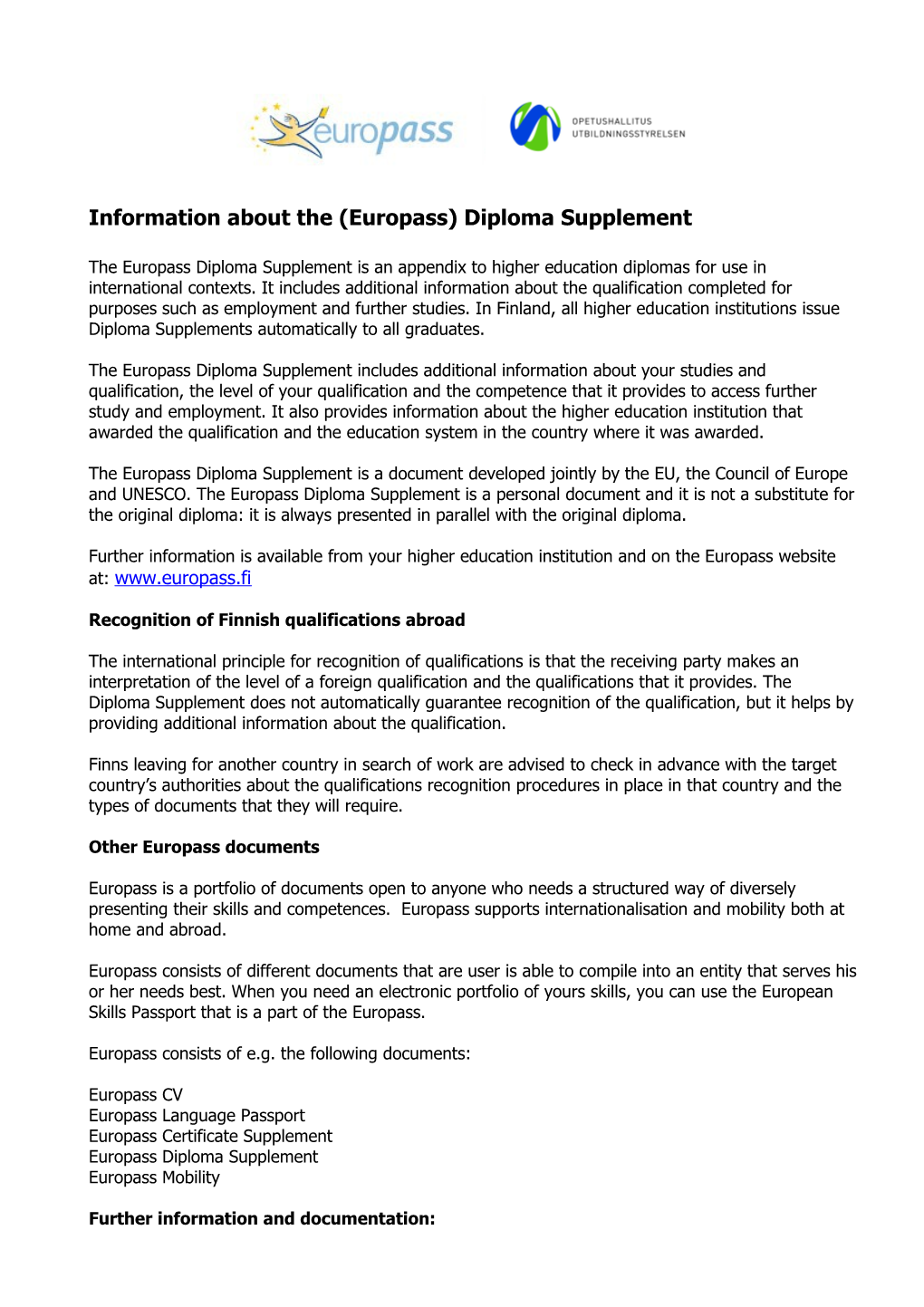 Information About the (Europass) Diploma Supplement