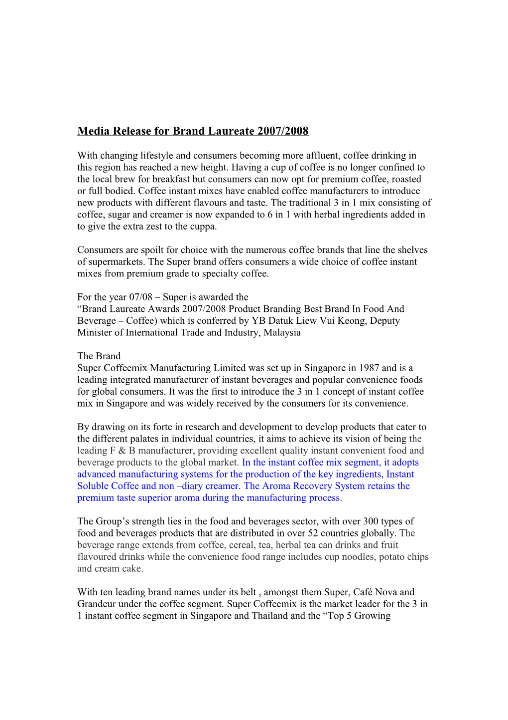 Media Release for Brand Laureate 2007/2008