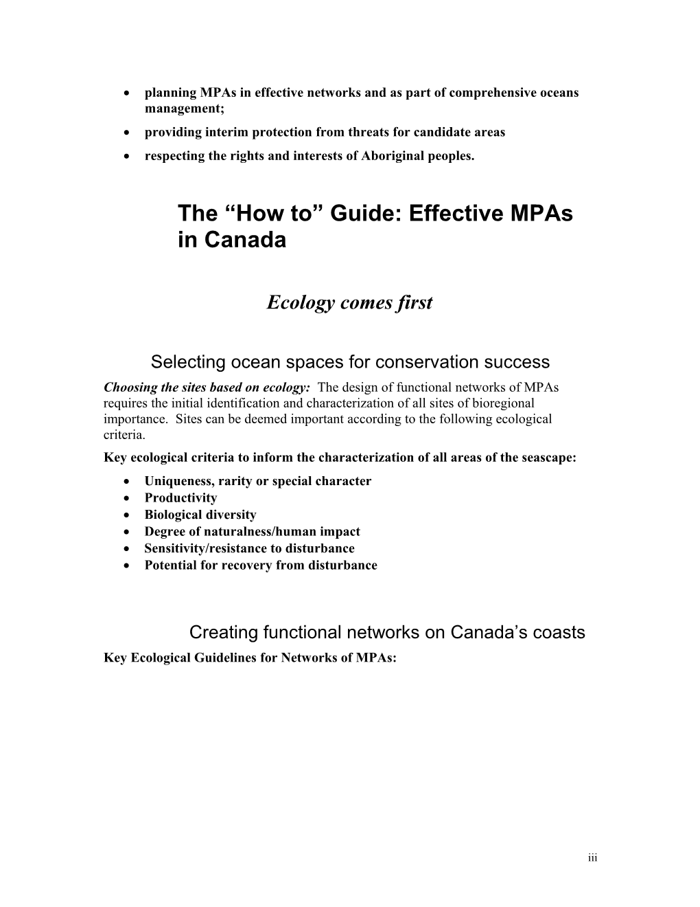 Science-Based Guidelines for Marine Protected Areas and MPA Networks in Canada