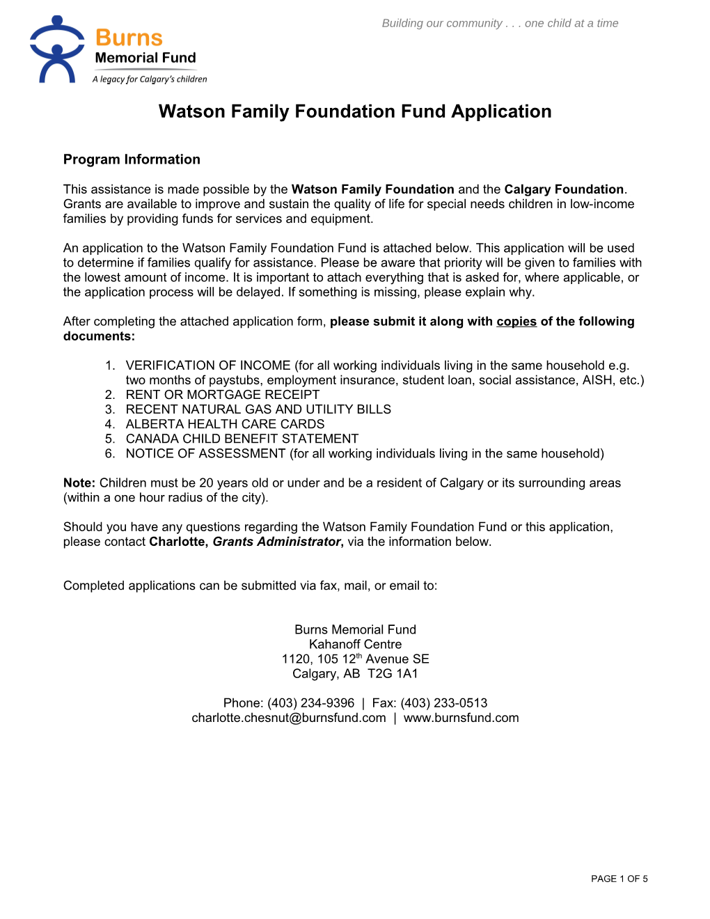 Watson Family Foundation Fund Application
