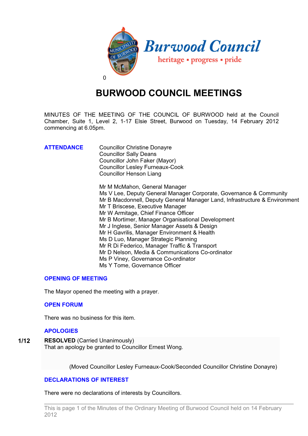 Pro-Forma Minutes of Burwood Council Meetings - 14 February 2012