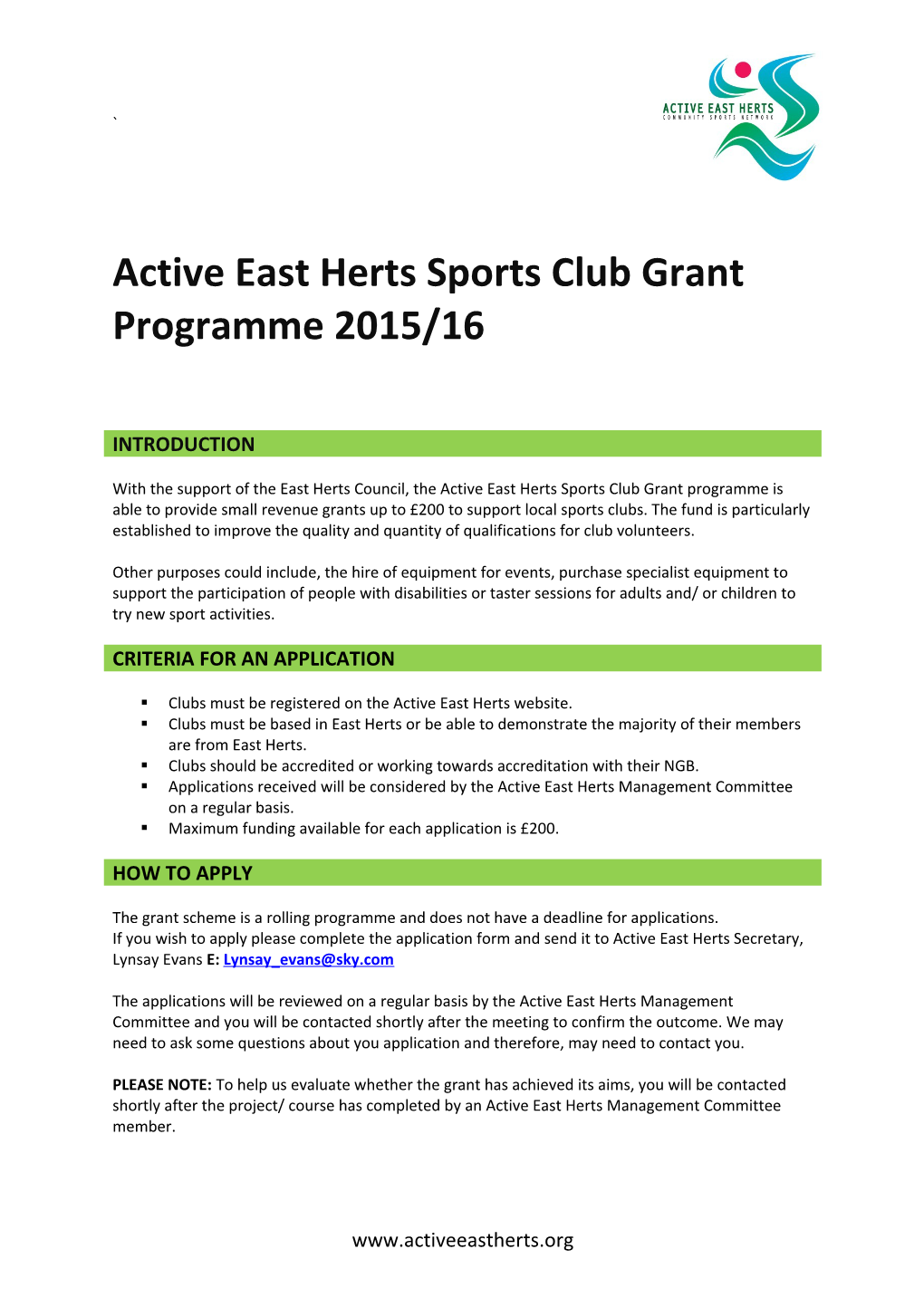 Clubs Must Be Registered on the Active East Herts Website