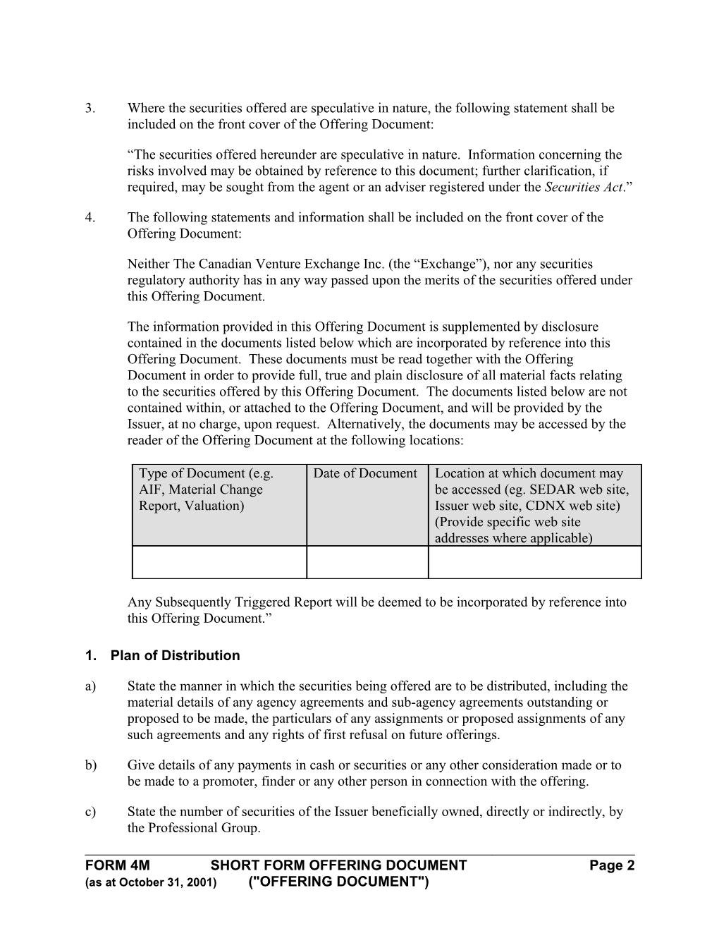 Short Form Offering Document ( Offering Document )