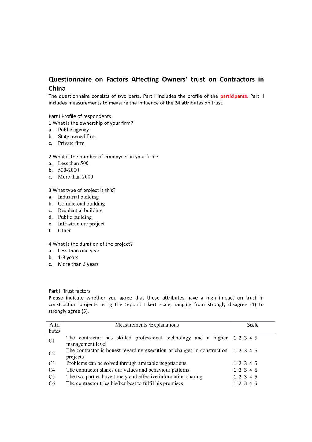 Questionnaire on Factors Affecting Owners Trust on Contractors in China