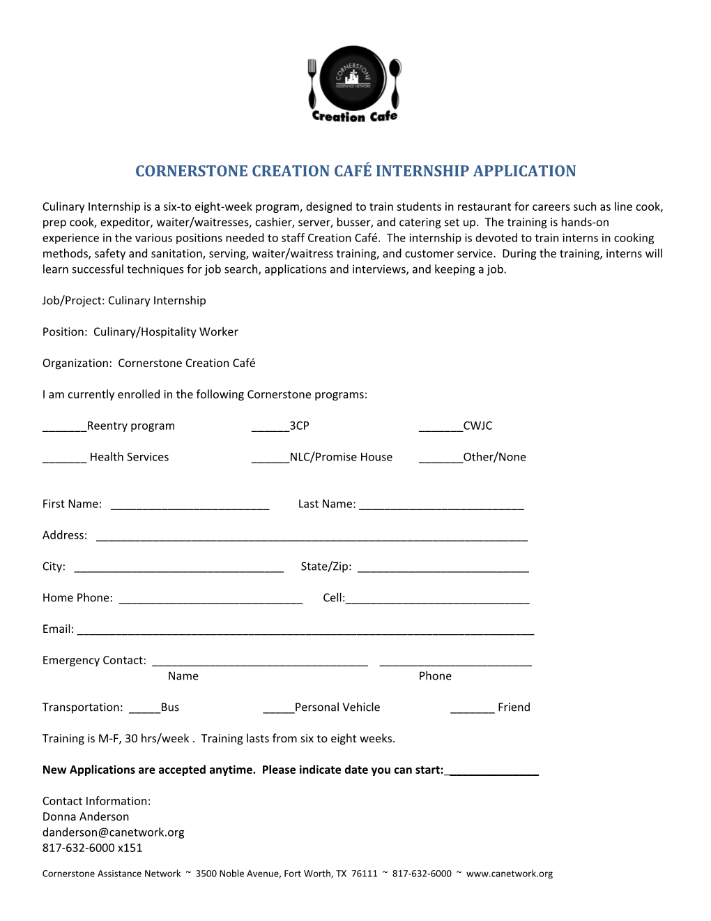Cornerstone Creation Café Internship Application