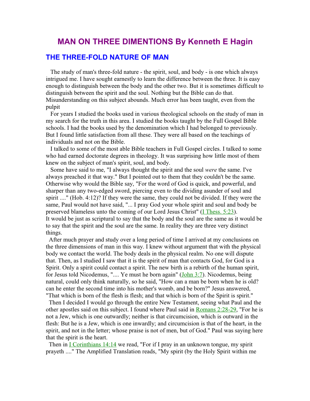 MAN on THREE DIMENTIONS by Kenneth E Hagin