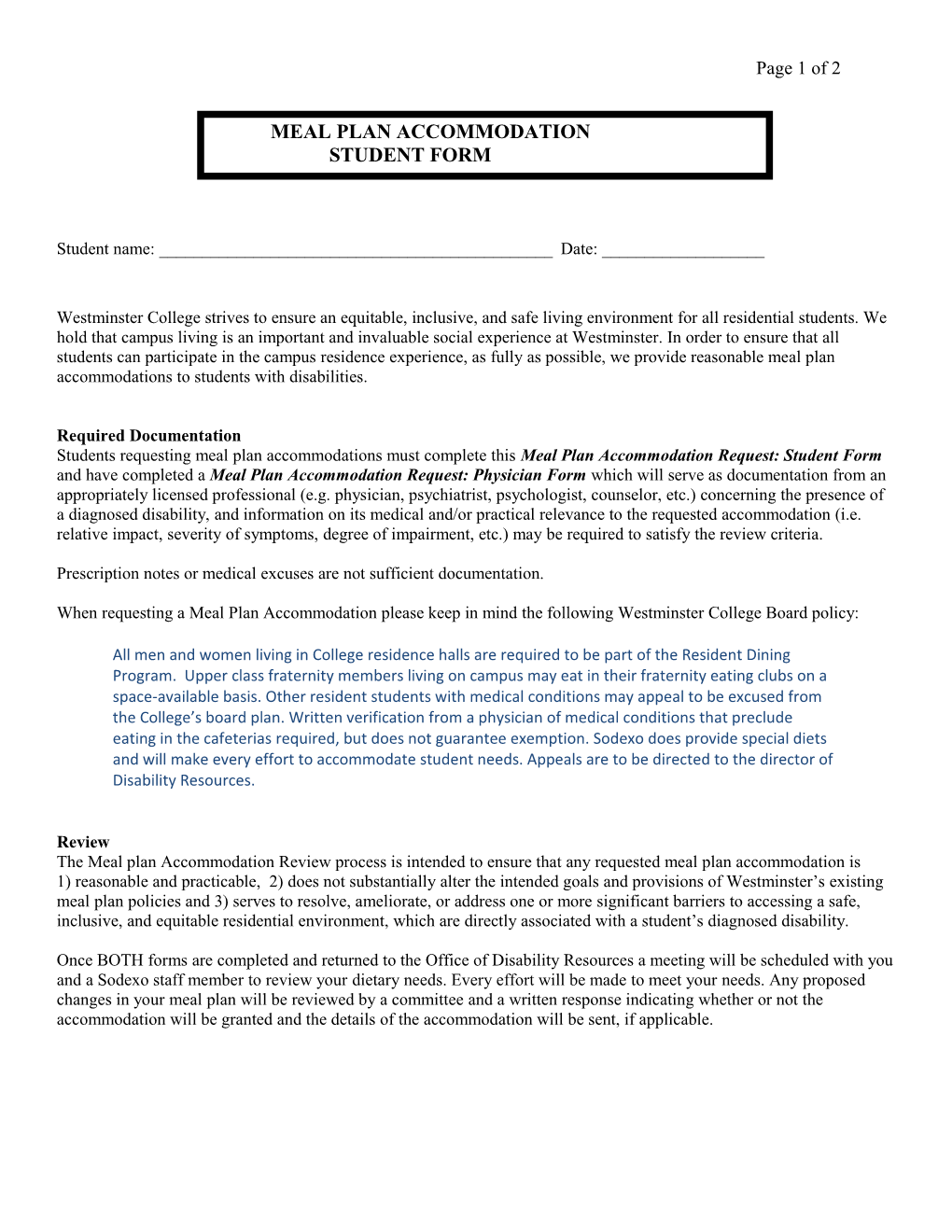 Housing Accommodations Request Form