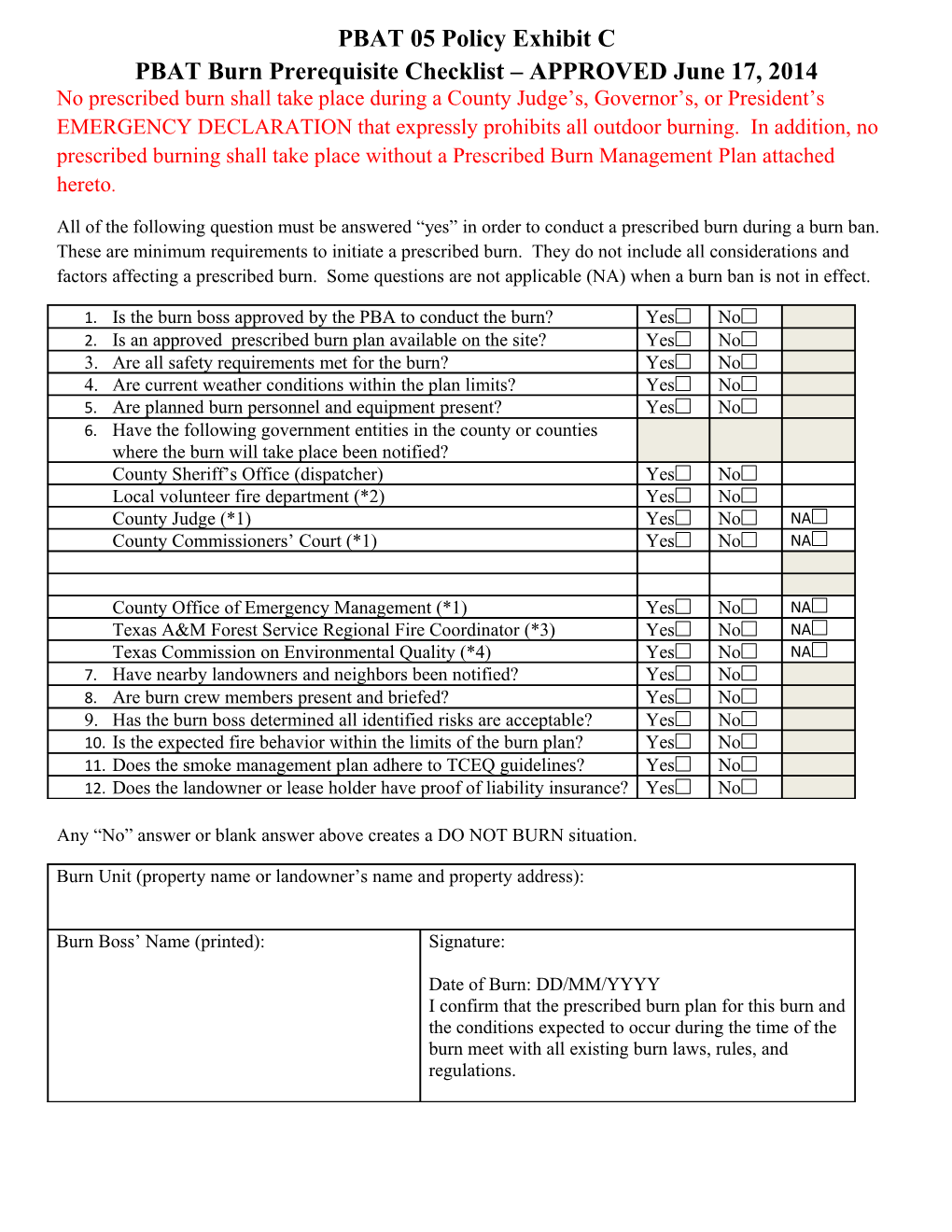 All of the Following Question Must Be Answered Yes in Order to Conduct a Prescribed Burn