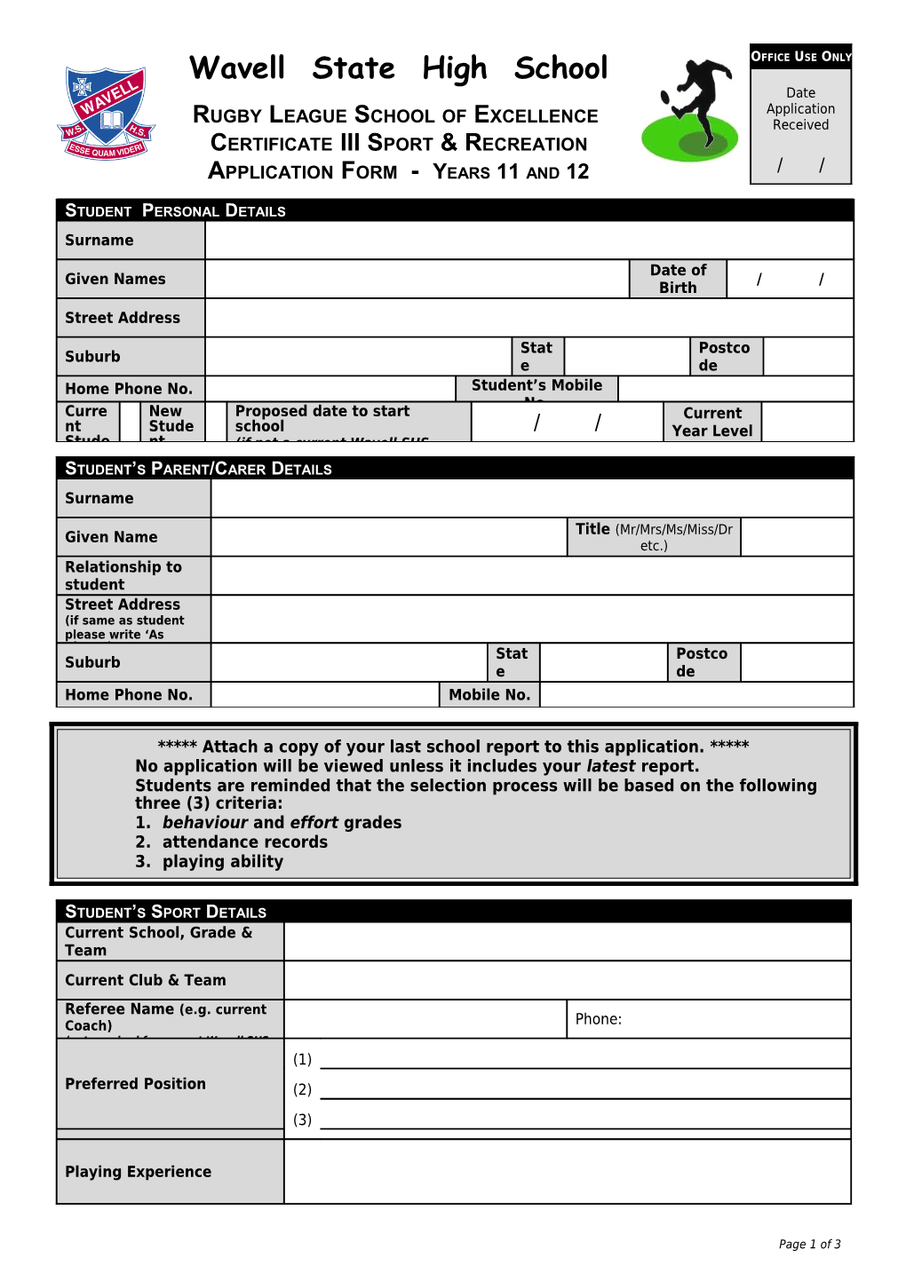 Senior Rugby League Application Form