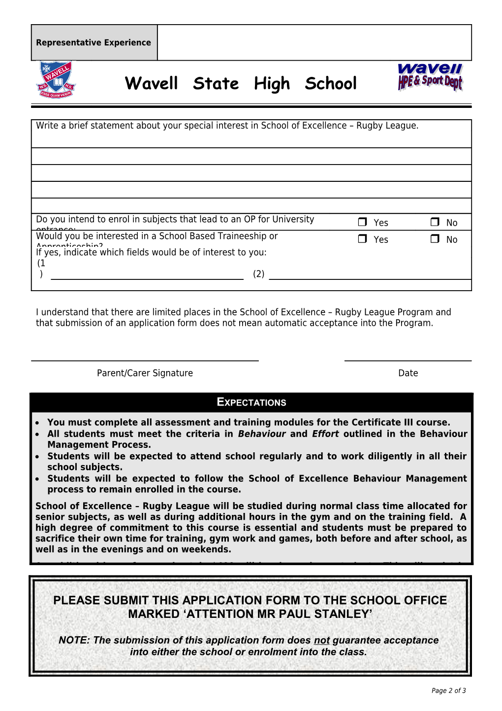Senior Rugby League Application Form