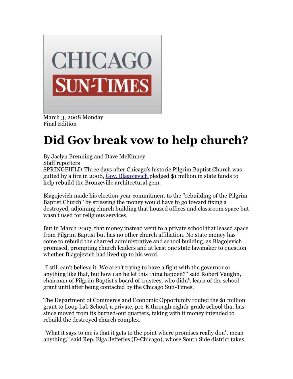 Did Gov Break Vow to Help Church?