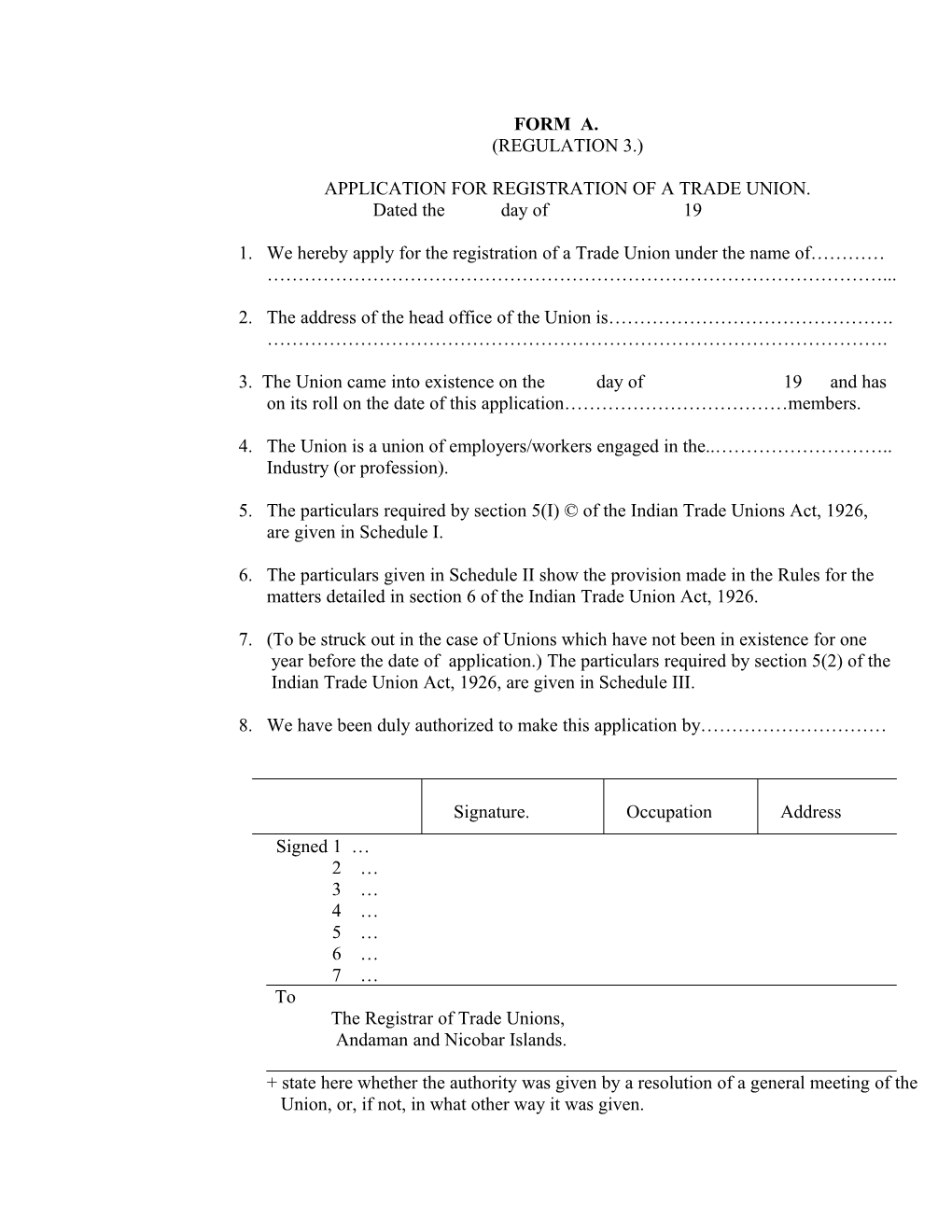 Application for Registration of a Trade Union