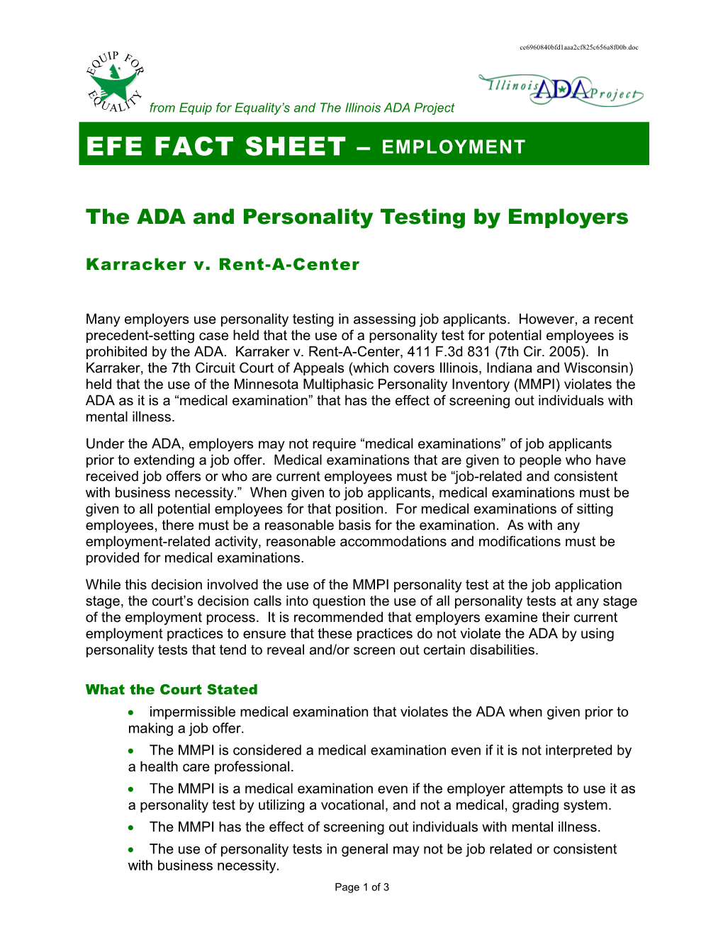 The ADA and Personality Testing by Employers