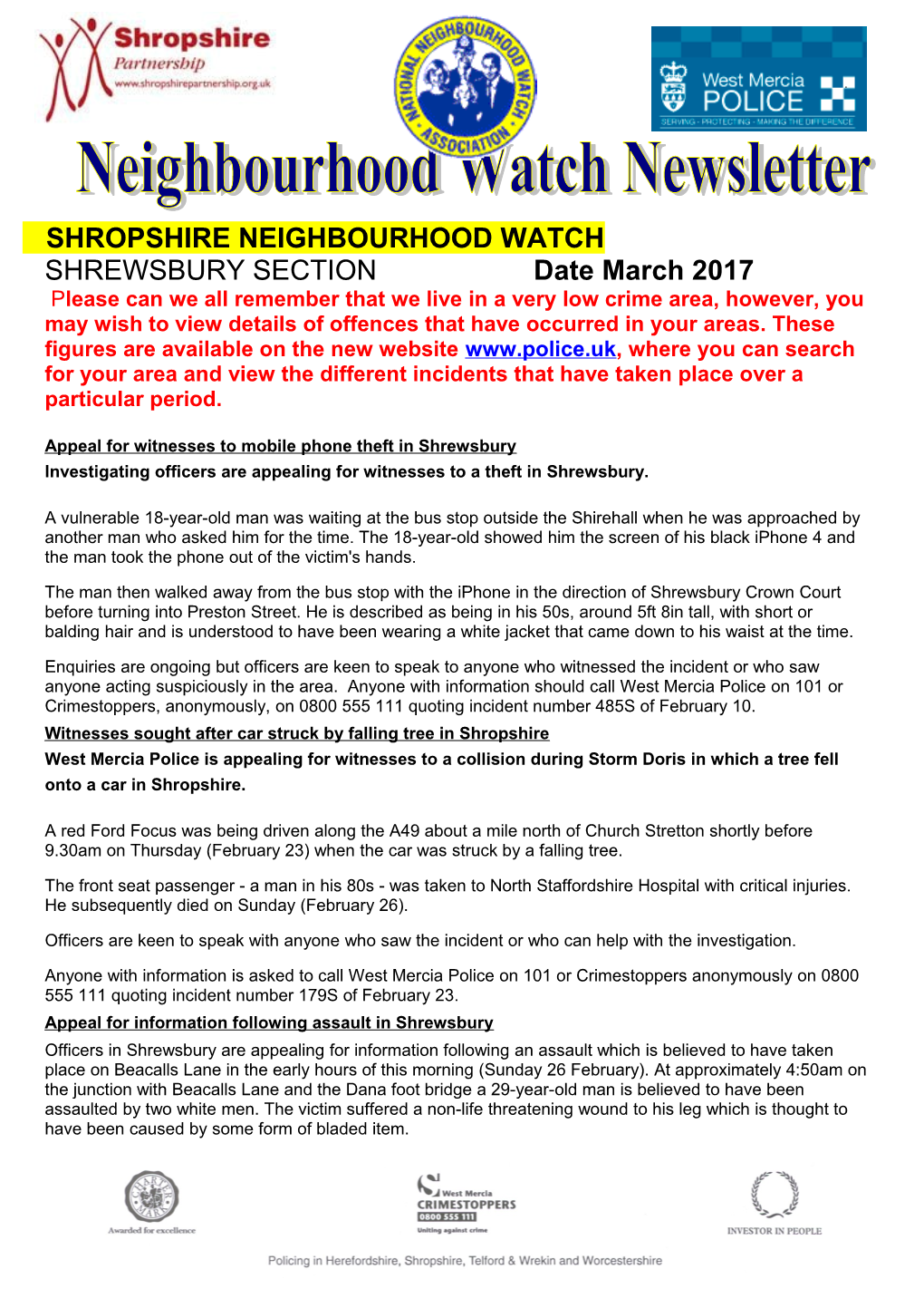 From Shelly Sidwell, Shropshire Division Neighbourhood Watch Clerk