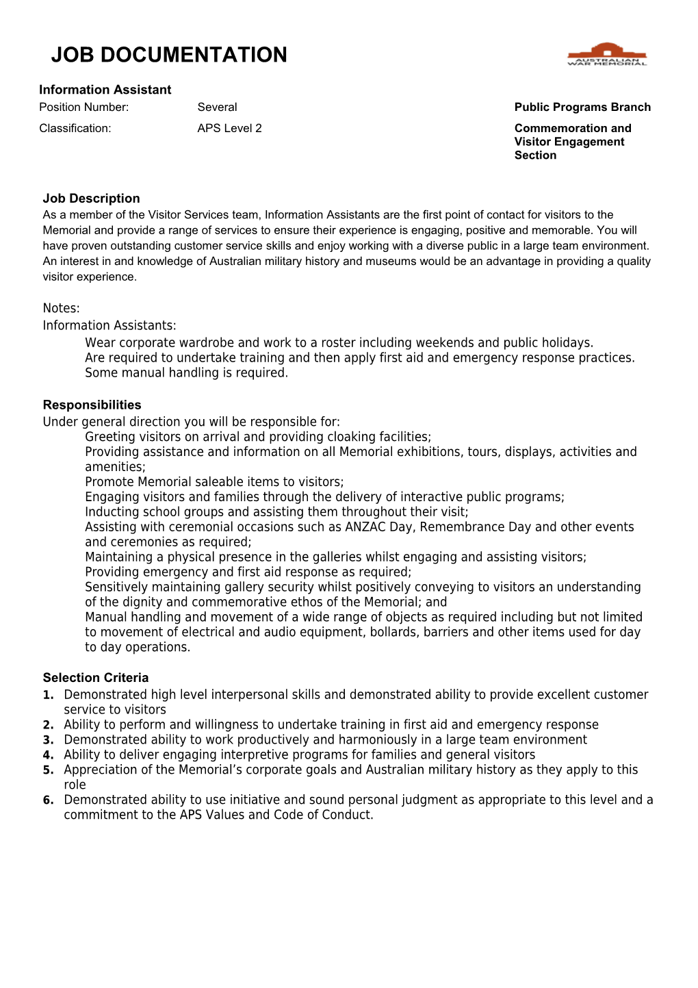 JOB DOCUMENTATION - Information Assistant - Several - 27 April 2015