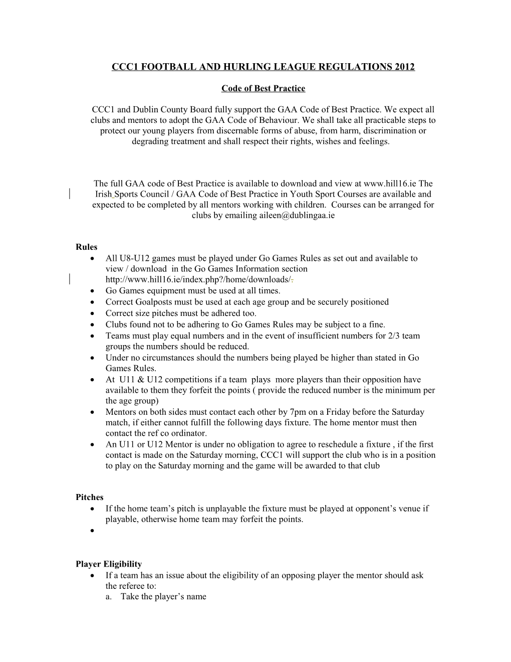 Ccc1 Football and Hurling League Regulations 2010