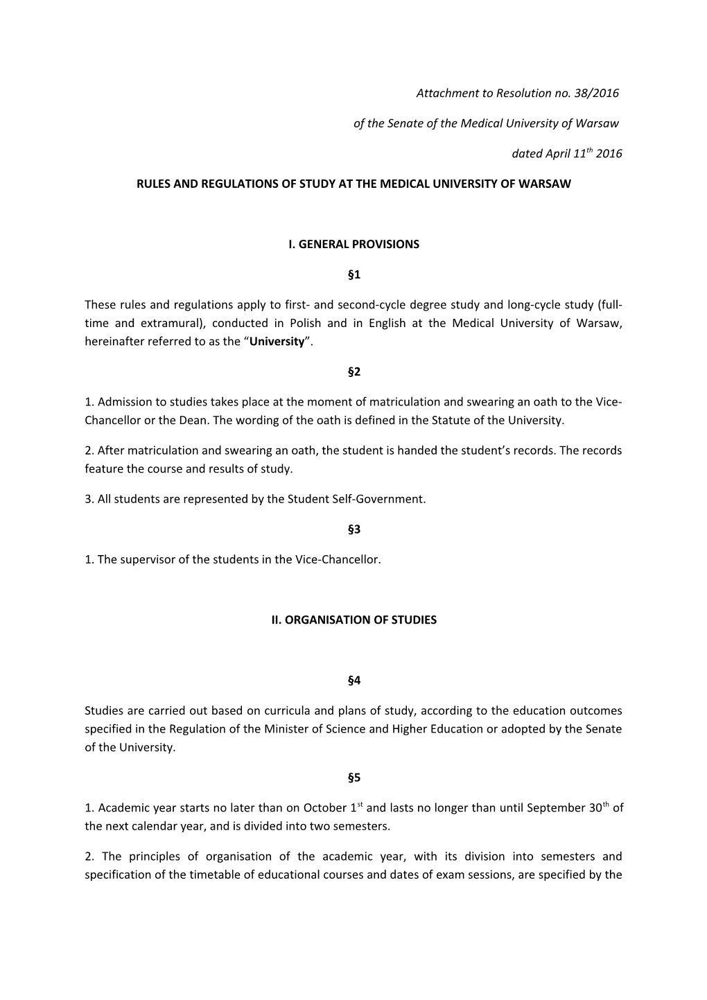 Rules and Regulations of Study at the Medical University of Warsaw