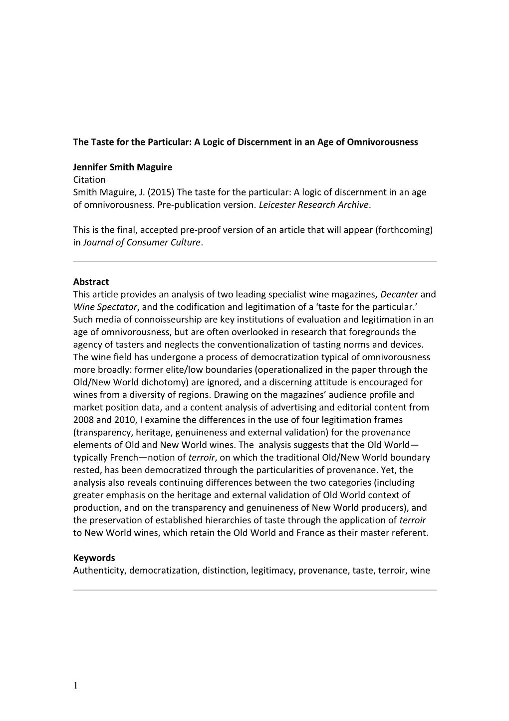 The Taste for the Particular: a Logic of Discernment in an Age of Omnivorousness