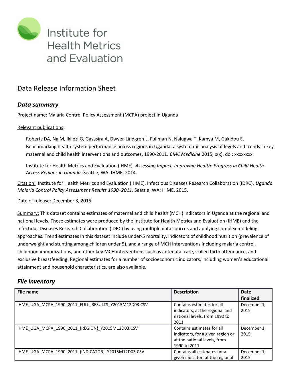 Data Release Information Sheet