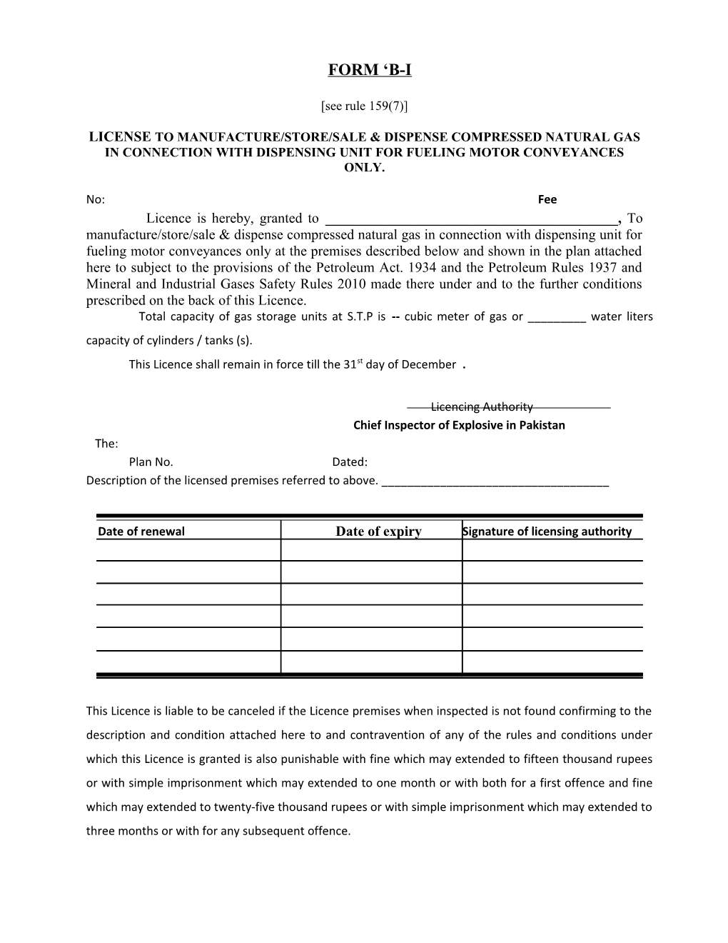 License to Manufacture/Store/Sale & Dispense Compressed Natural Gas in Connection With