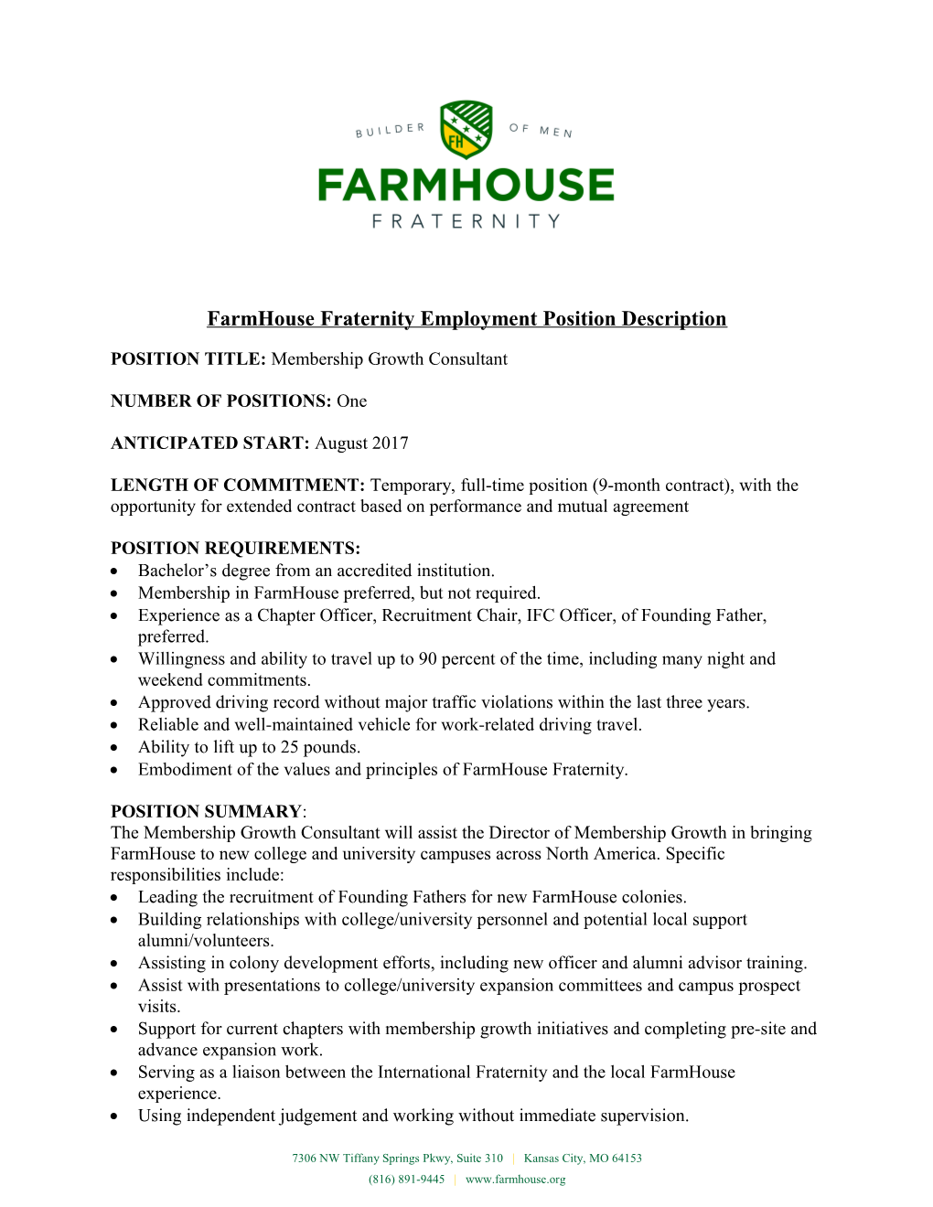 Farmhouse Fraternity Employment Position Description