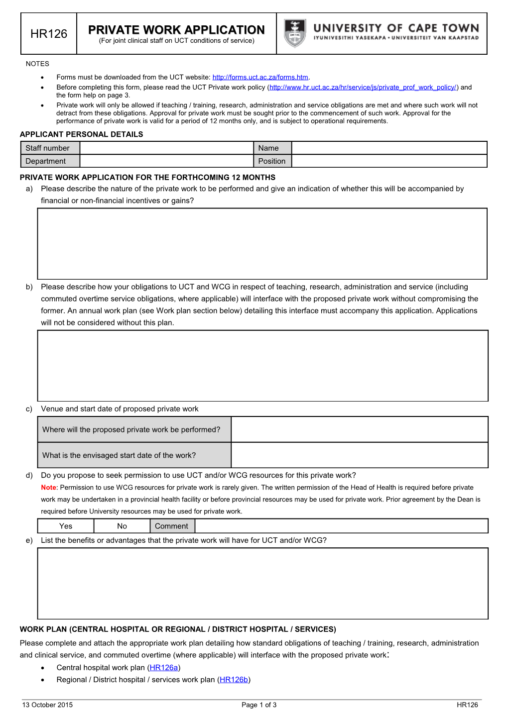 Private Work Application (For Joint Staff on UCT Conditions of Service)