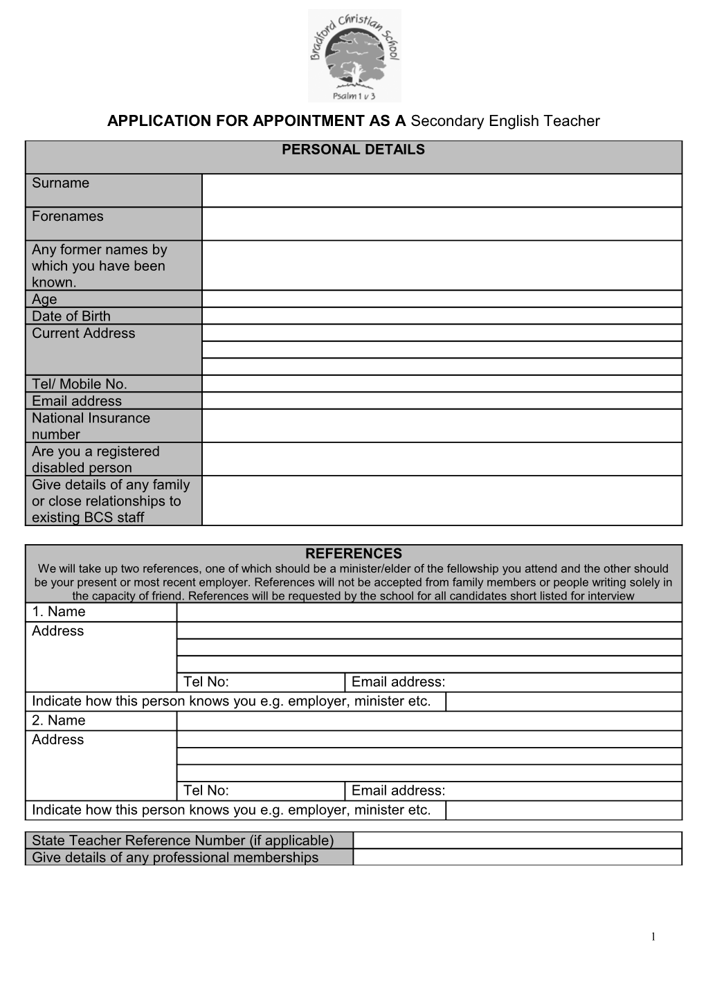 Application for Appointment As a Teacher