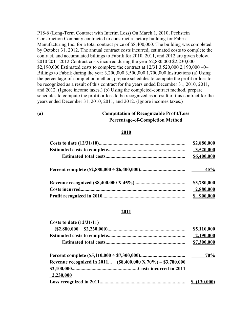 P18-6 (Long-Term Contract with Interim Loss) on March 1, 2010, Pechstein Construction Company