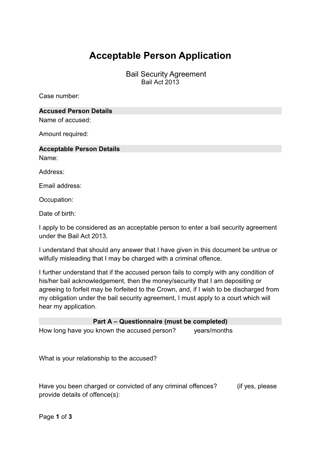 Acceptable Person Application - Bail Security Agreement