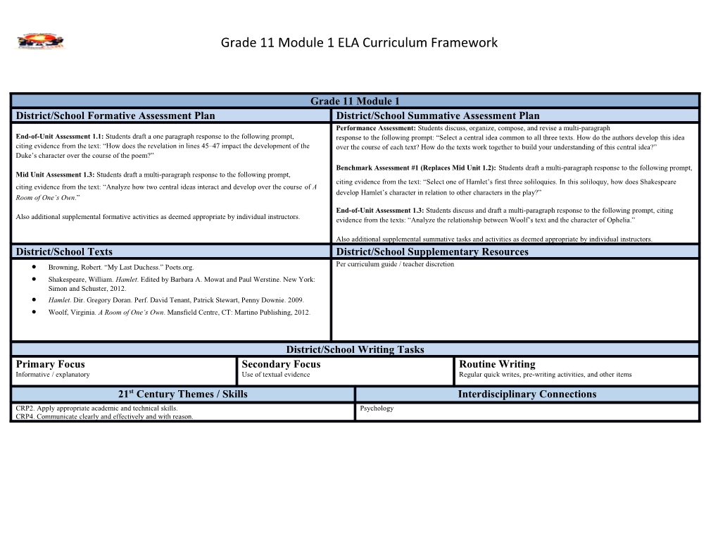 Grade 11 Module 1ELA Curriculum Framework