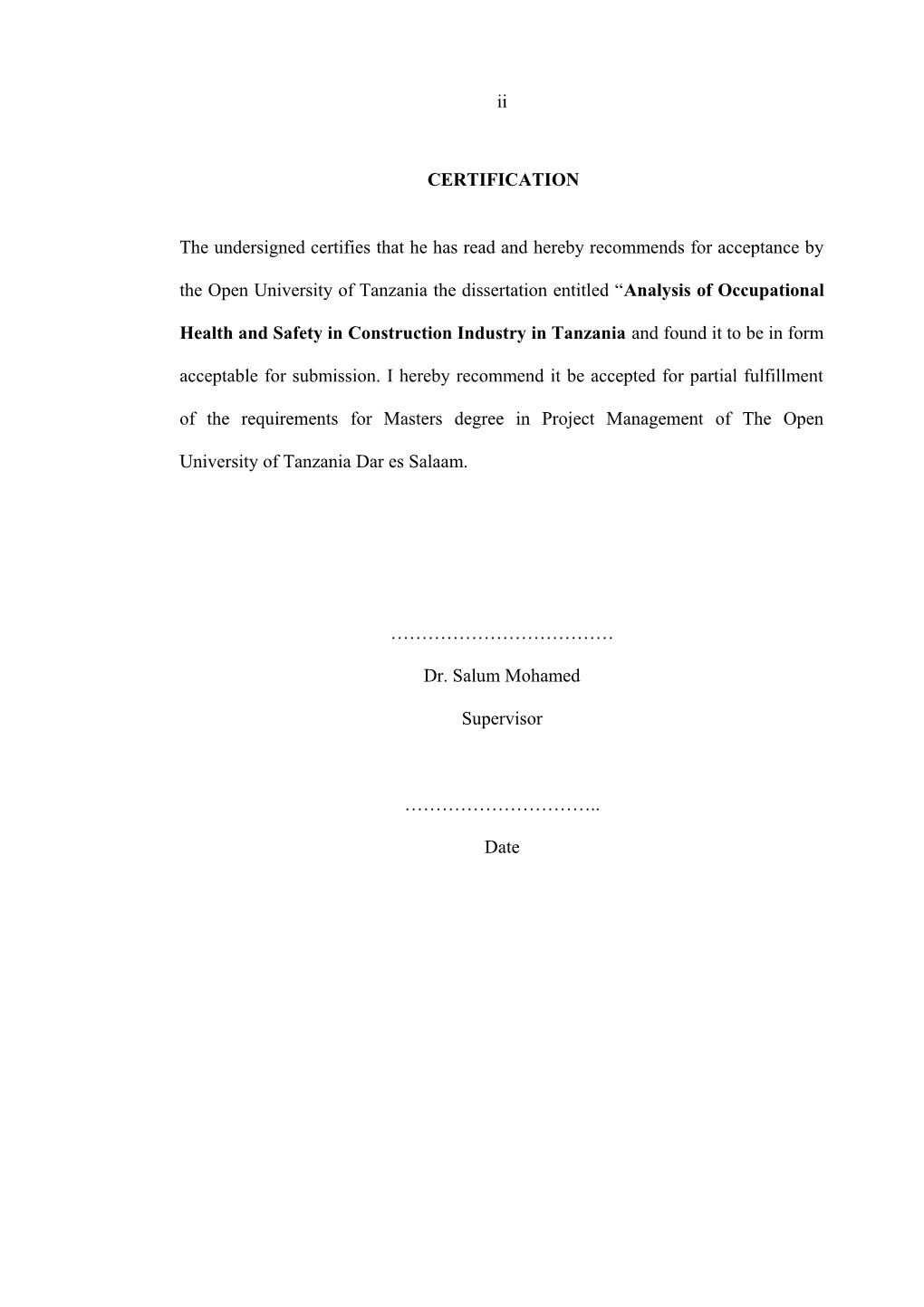 A Dissertation Submitted in Partial Fulfilment of The