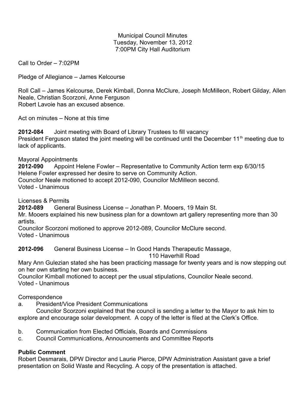 11-13-2012 Council Minutes