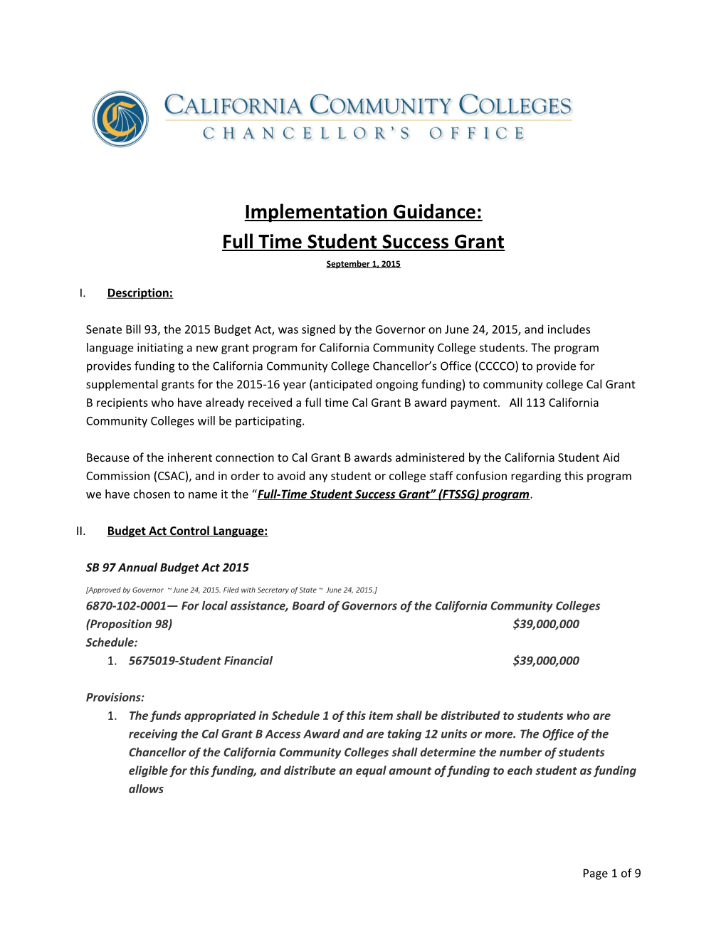 Full Time Student Success Grant