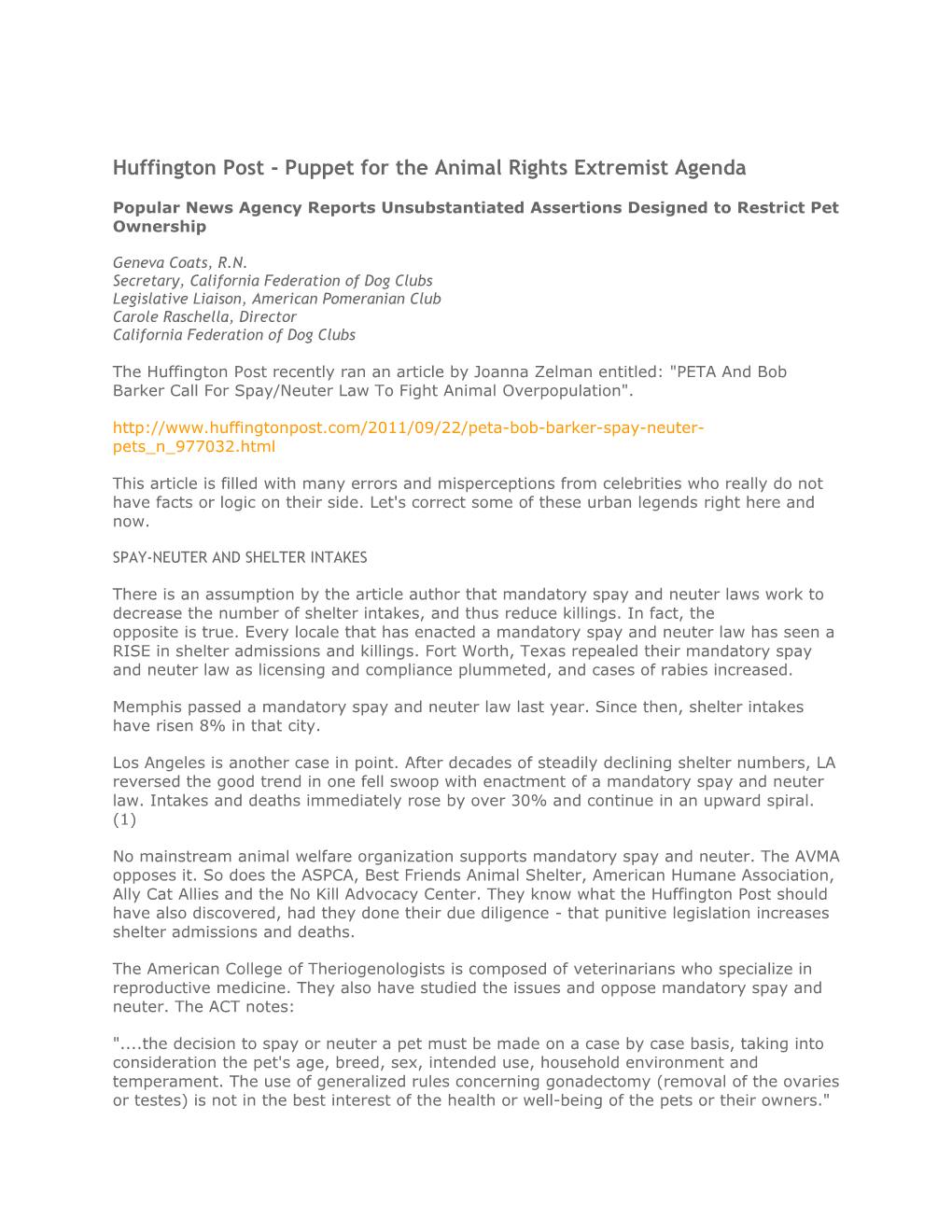 Huffington Post - Puppet for the Animal Rights Extremist Agenda