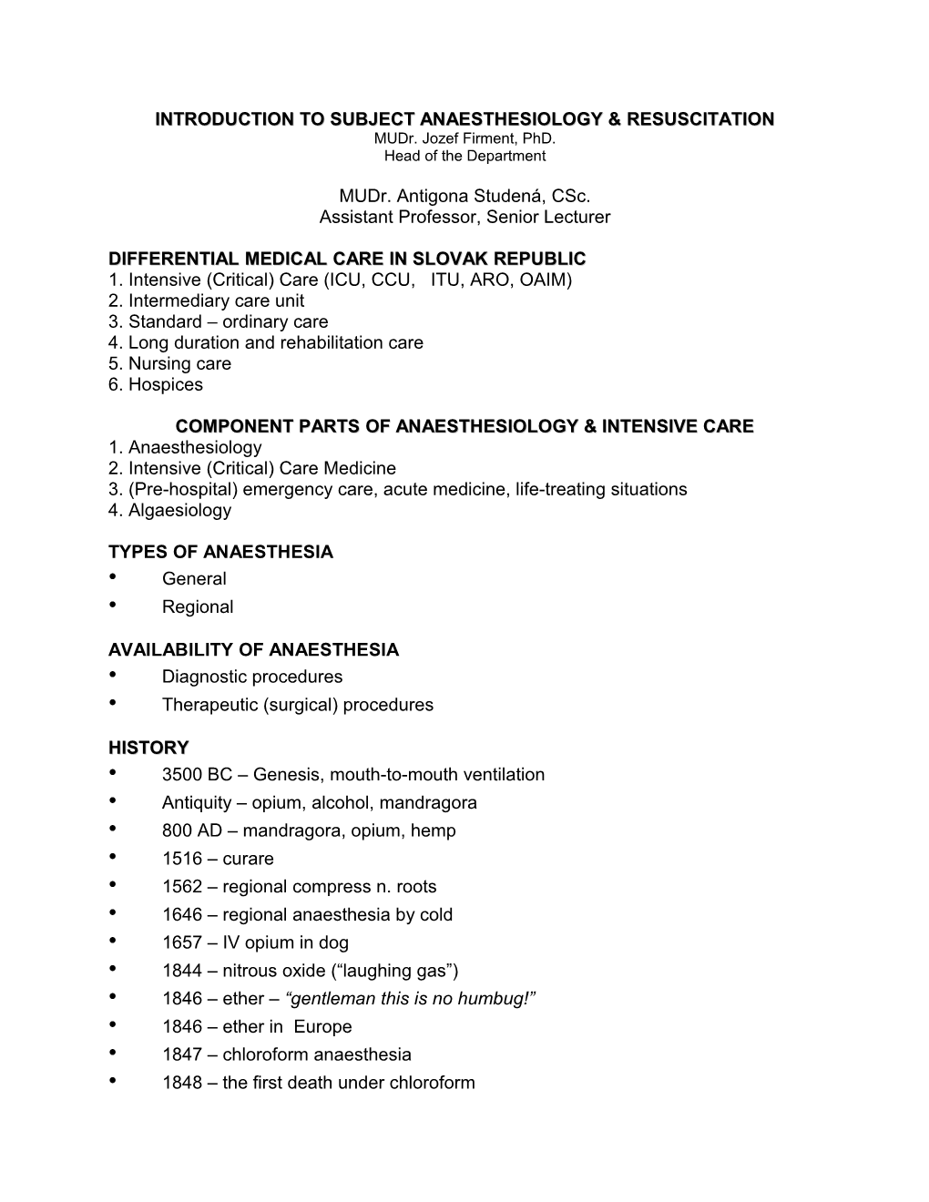 Introduction to Subject Anaesthesiology & Resuscitation