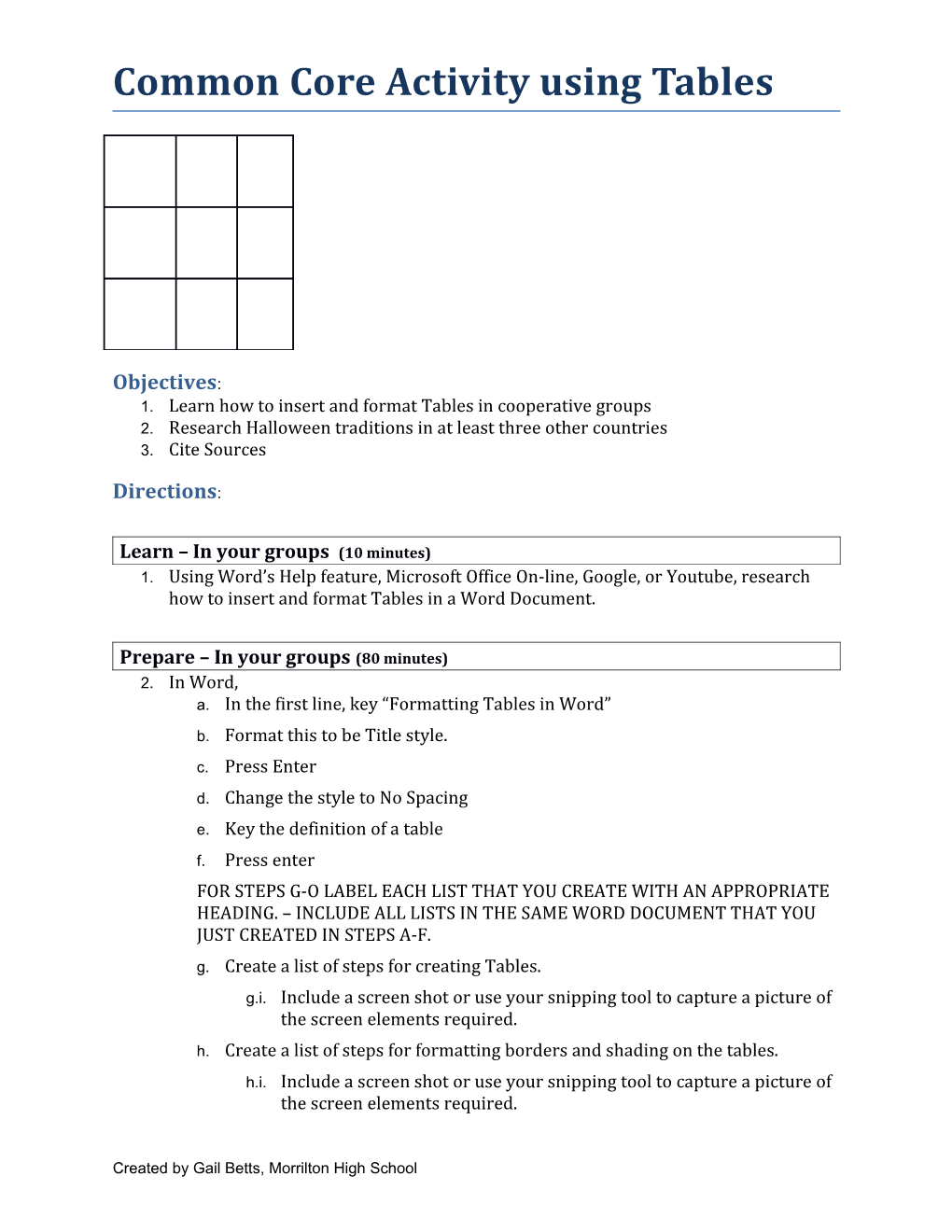 Common Core Activity Using Tables