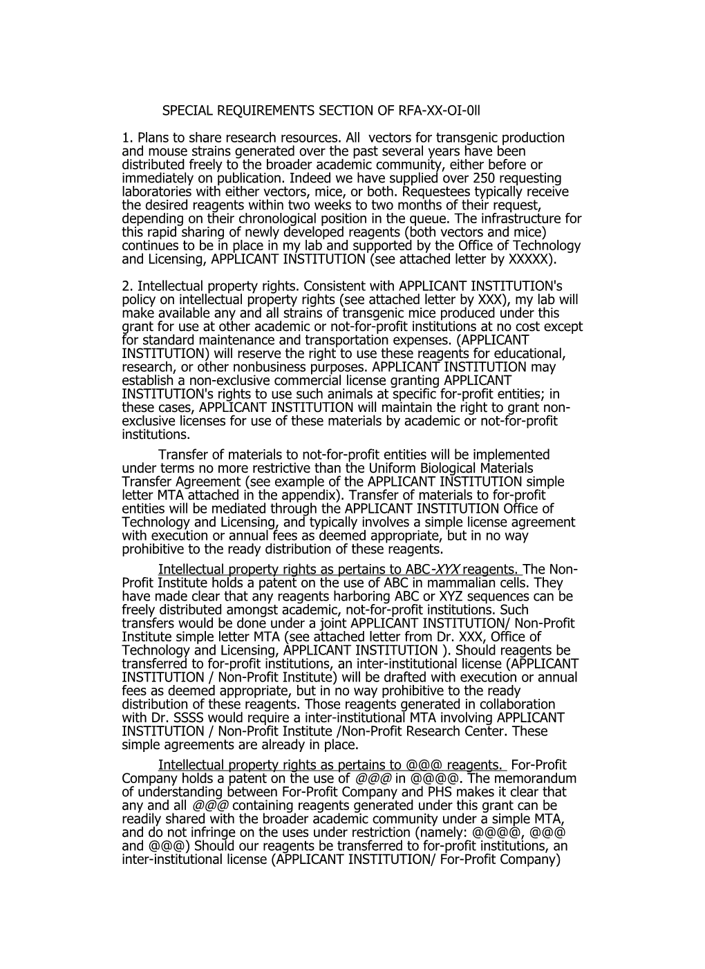 SPECIAL REQUIREMENTS SECTION of RFA-XX-OI-0Ll