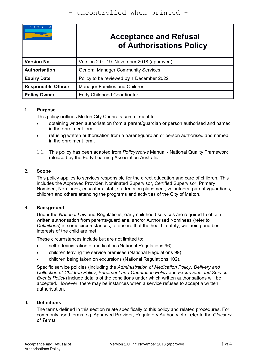 Acceptance and Refusalof Authorisations Policy