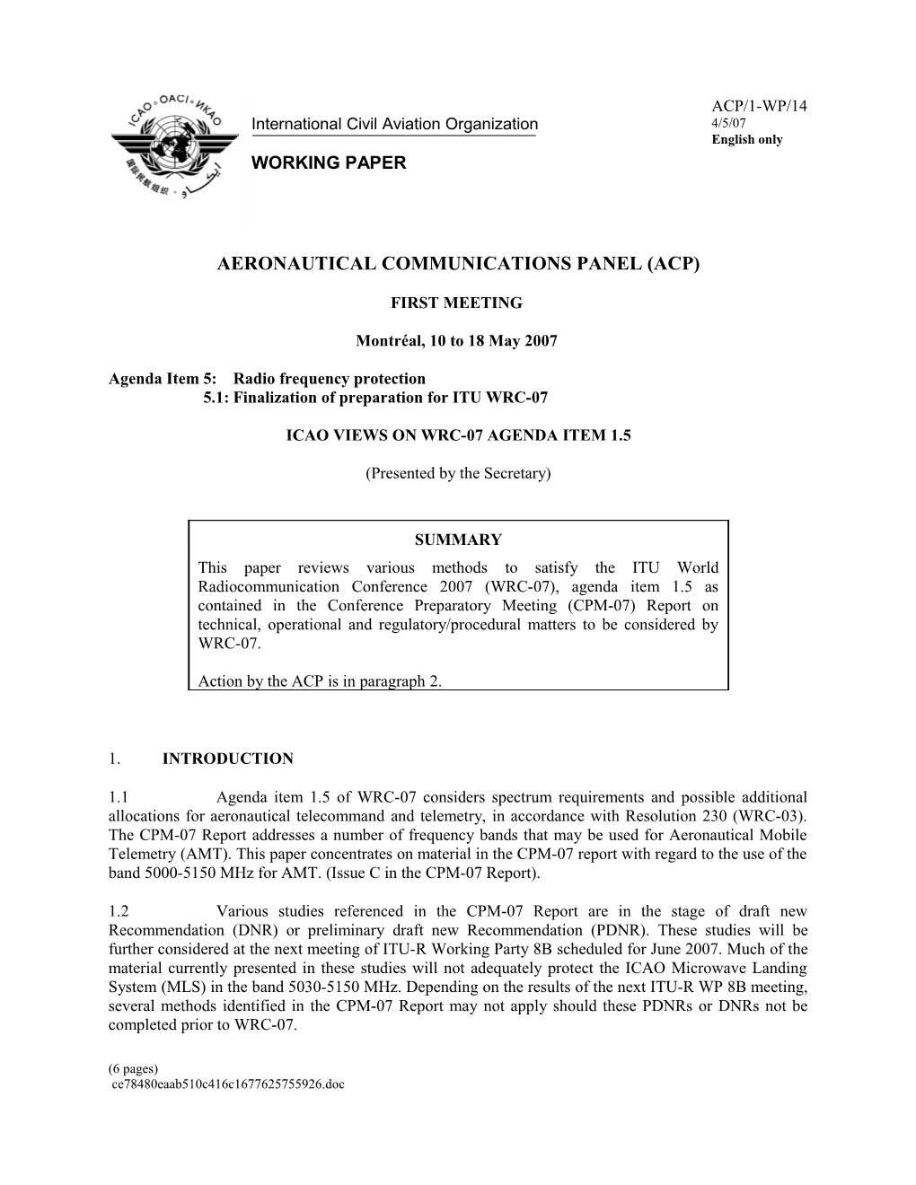 ICAO Views on WRC-07 Agenda Item 1.5