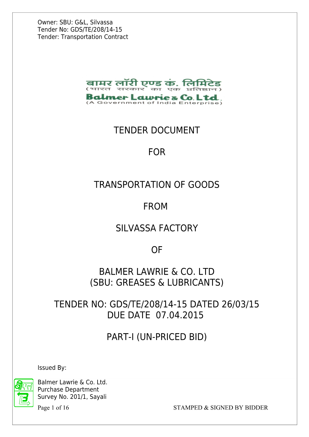 Tender No: GDS/TE/208/14-15 Tender: Transportation Contract