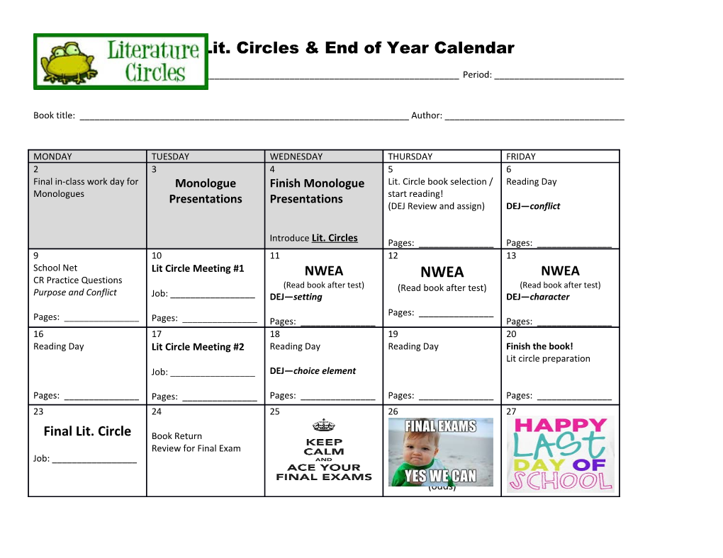 Pre-AP May 2016 Lit. Circles End of Year Calendar