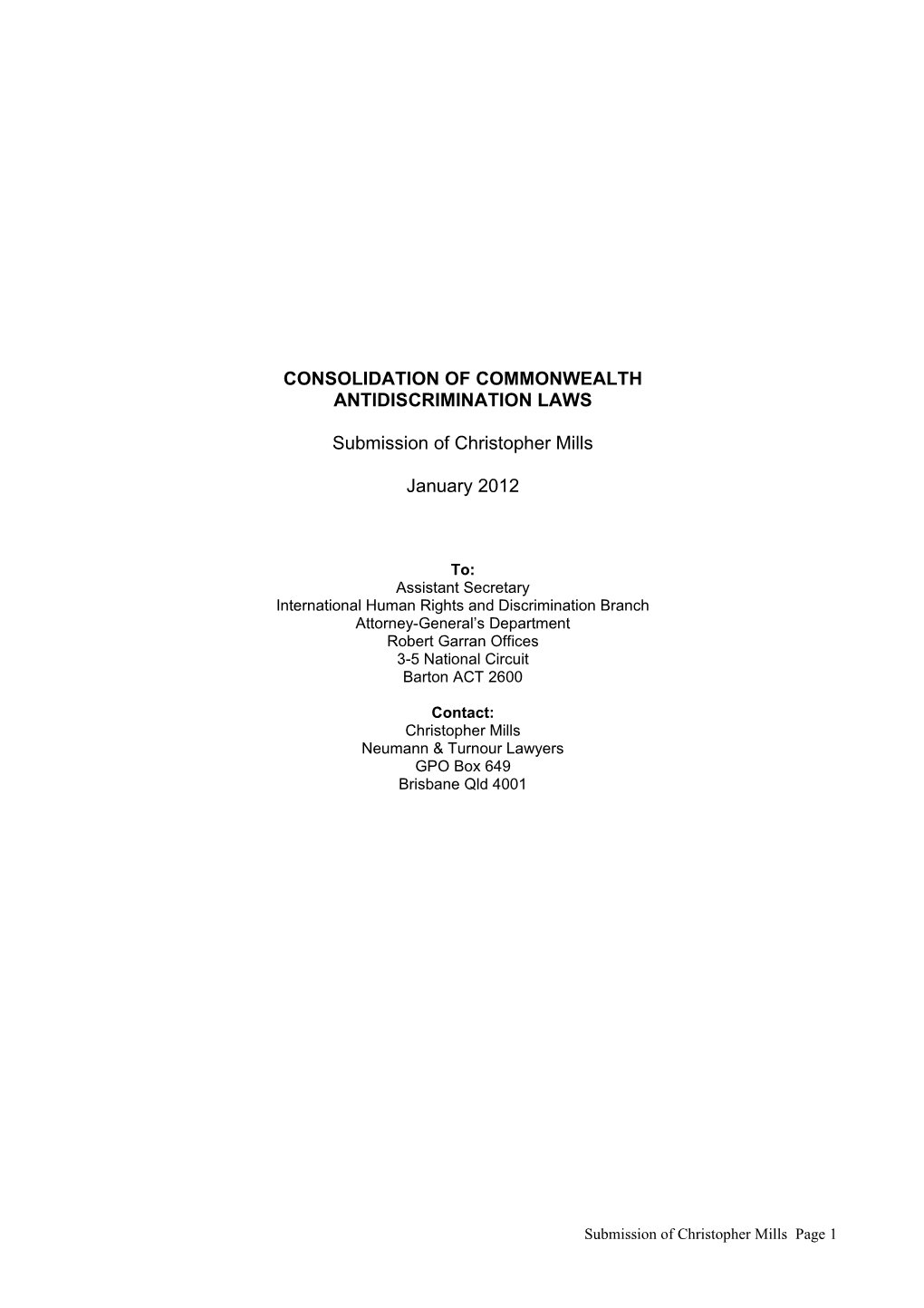 Submission on the Consolidation of Commonwealth Anti-Discrimination Laws - Chris Mills