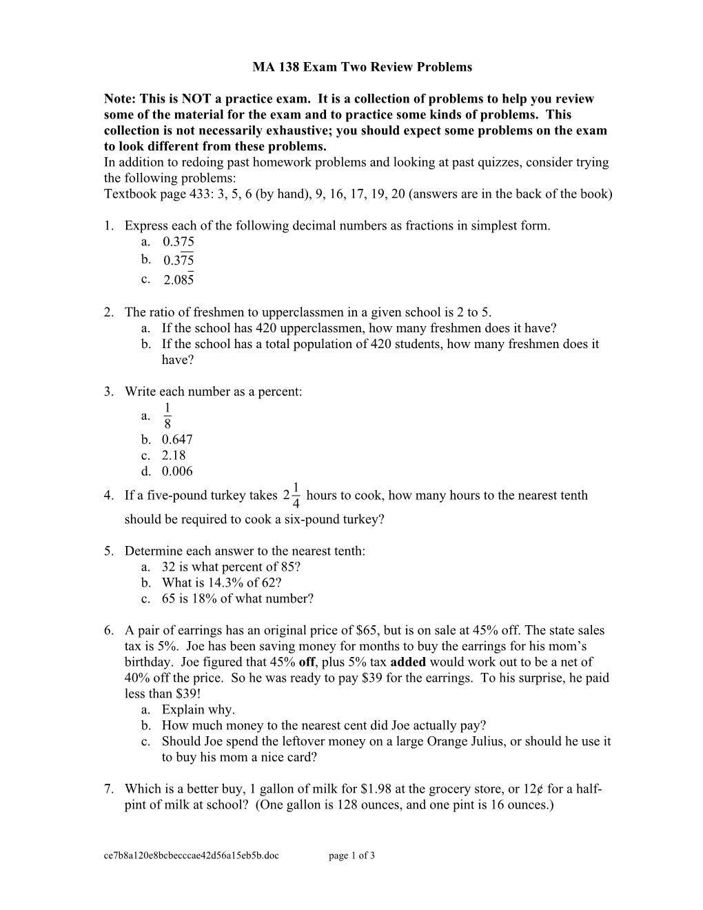 MA 138 Exam Two Review Problems