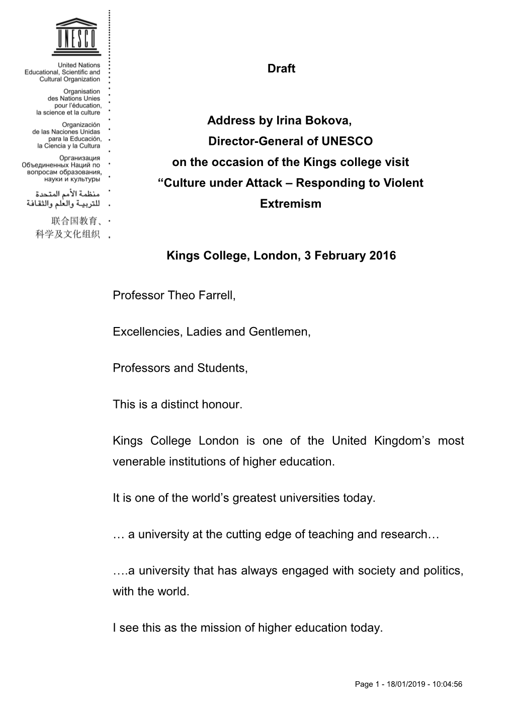 Address by Irina Bokova, Director-General of Unescoon the Occasion of the Kings College