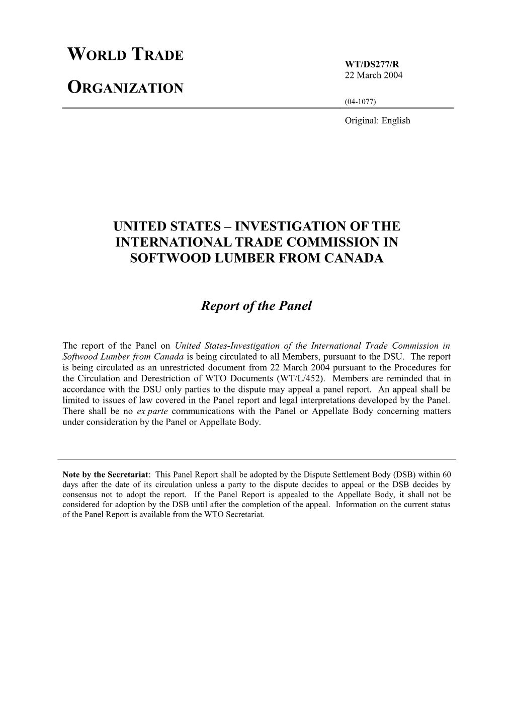 United States Investigation of the International Trade Commission In