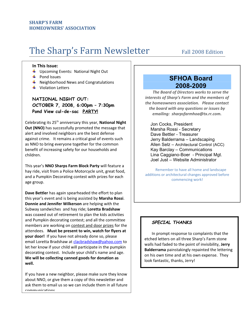 The Sharp S Farm Newsletter Fall 2008 Edition