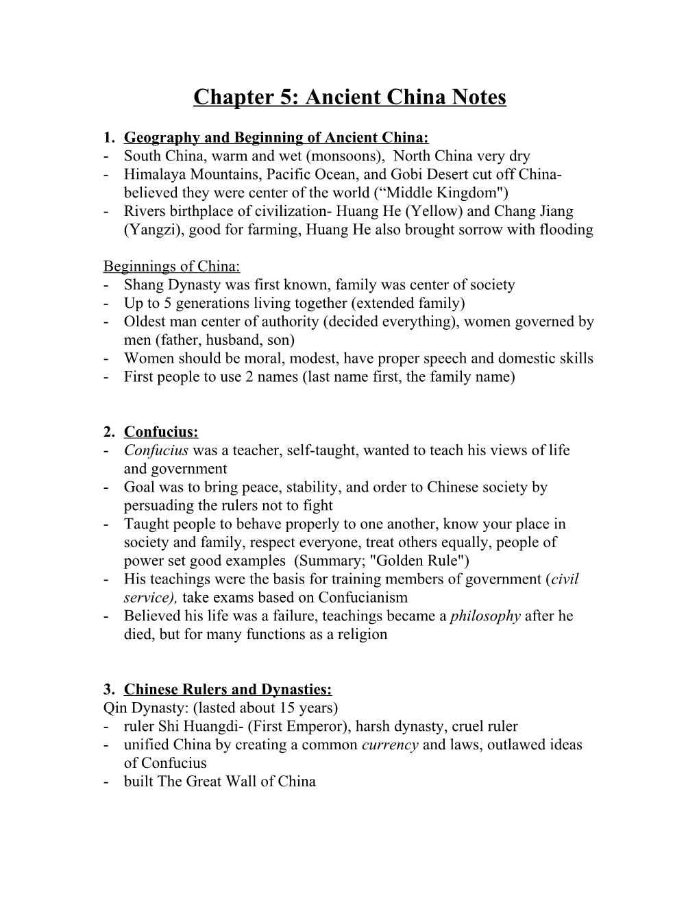 Chapter 5: Ancient China Notes