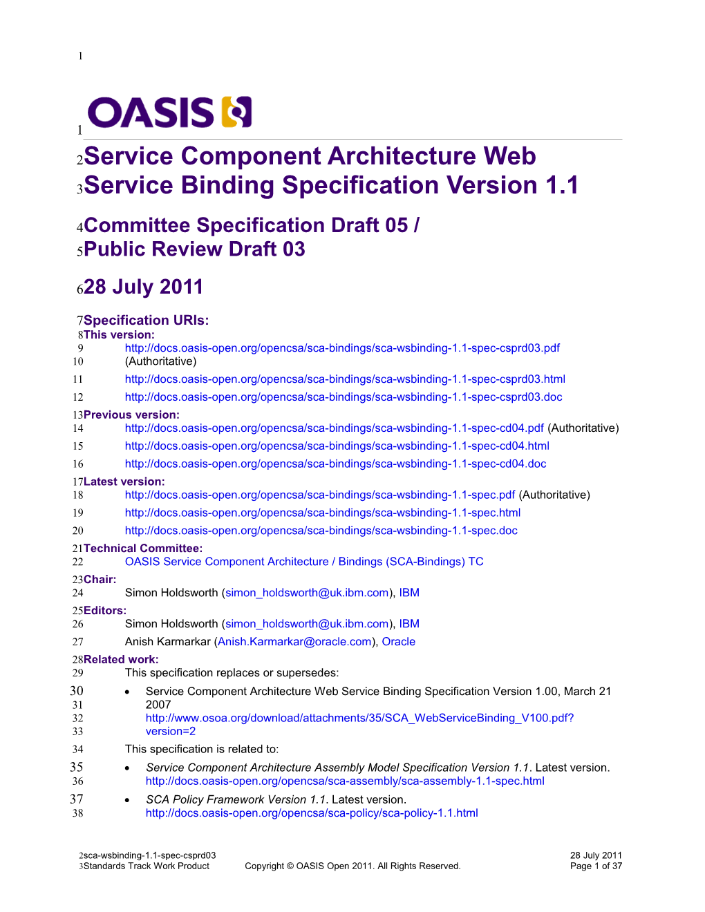 Service Component Architecture Web Service Binding Specification Version 1.1