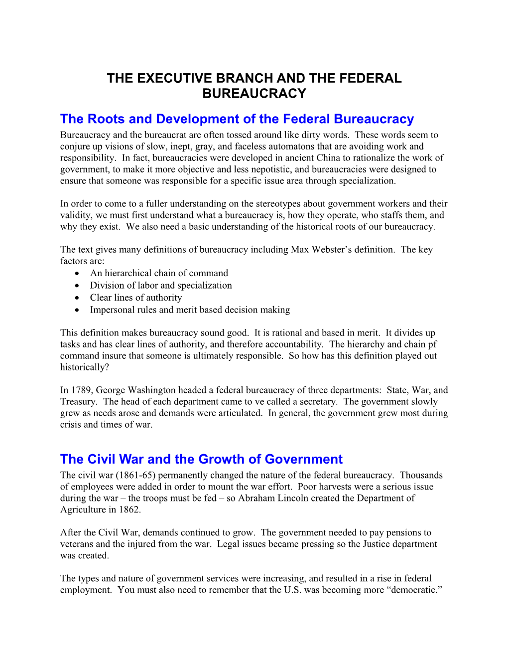 The Executive Branch and the Federal Bureaucracy